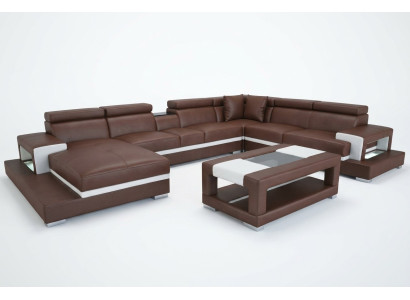 Design leather upholstery seat room living sofa corner couch designer suite +table