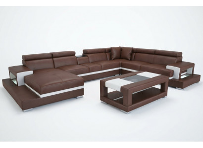 Design leather upholstery seat room living sofa corner couch designer suite +table