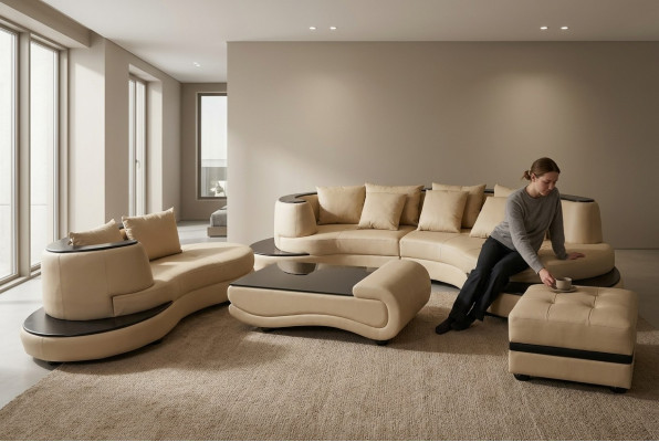 Luxurious corner leather upholstered living room ensemble landscape XXL big U-shaped sofa + chaise + table