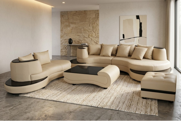 Luxurious corner leather upholstered living room ensemble landscape XXL big U-shaped sofa + chaise + table