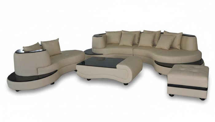 Luxurious corner leather upholstered living room ensemble landscape XXL big U-shaped sofa + chaise + table