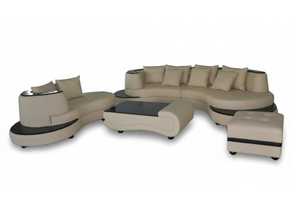 Luxurious corner leather upholstered living room ensemble landscape XXL big U-shaped sofa + chaise + table