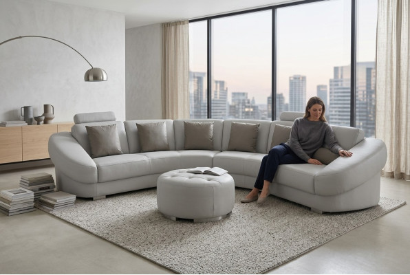 Round U-shaped sofa upholstery corner set leather living landscape couches XXL + stool