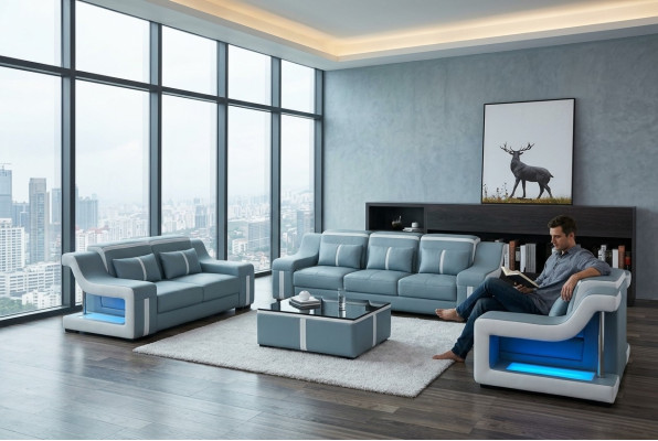Designer sofa couch 3+2 seats upholstery leather couches big sofas illuminated