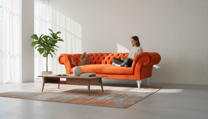 Fabric Design Couch Upholstery Sofas Textile Modern Sofa Chesterfield 3-Seater Orange