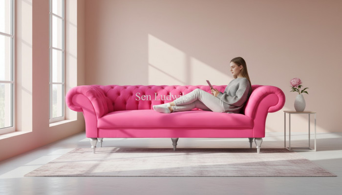 Fabric Design Couch Upholstered Sofas Textile Modern Sofa Chesterfield 3-Seater Pink