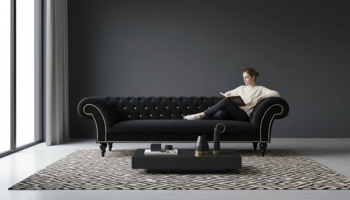 Fabric design couch upholstery textile modern sofa Chesterfield 3-seater black