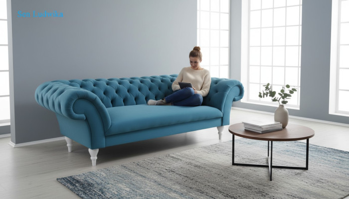 Textile 3 Seater Blue Fabric Design Couch Upholstered Sofas Modern Sofa Chesterfield