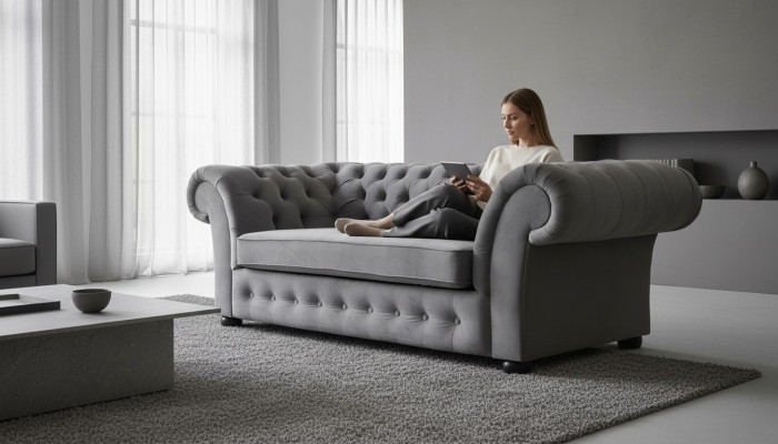 Sofa 3-Seater Fabric Design Couch Upholstery Sofas Textile Modern Chesterfield Gray