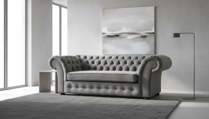 Sofa 3-Seater Fabric Design Couch Upholstery Sofas Textile Modern Chesterfield Gray