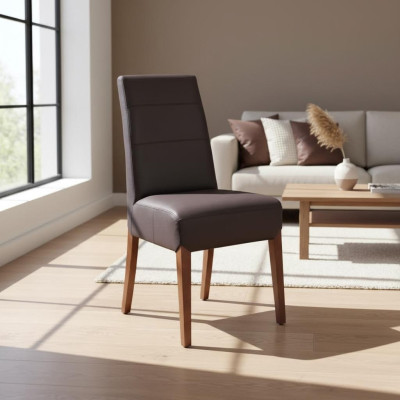 Set of 6 solid wood dining chairs with leather upholstery suitable for restaurant use.