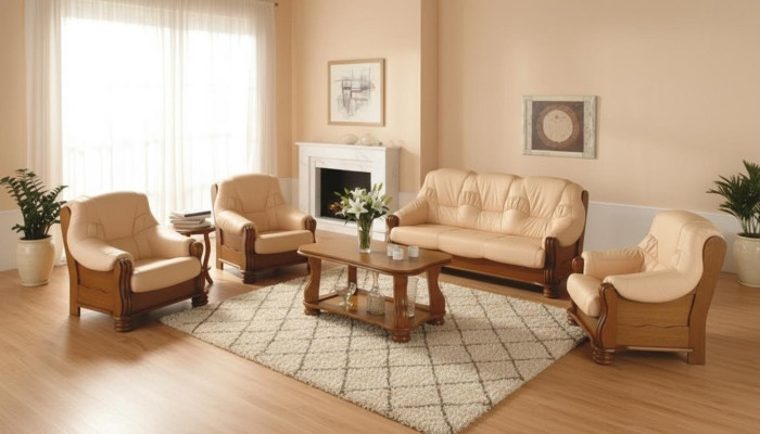 Classic Sofa Set Wood 3+1 Complete Set Seat Cushion Sofa Set