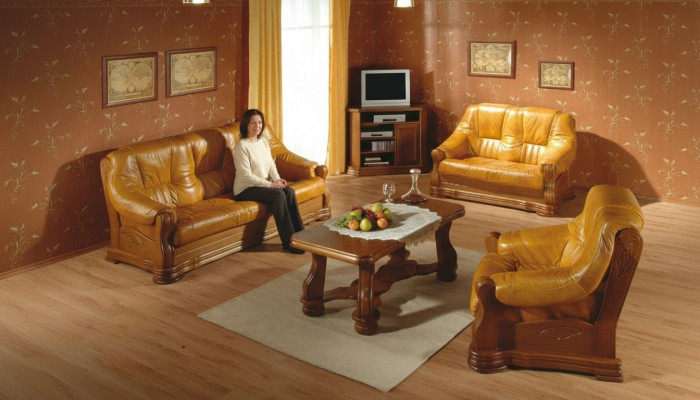 Sofa set wood leather 3+2+1 complete set classic seating upholstery sofa set