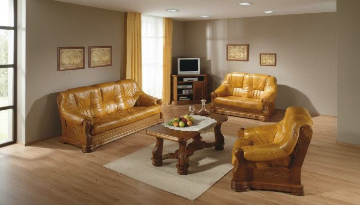 Sofa set wood leather 3+2+1 complete set classic seating upholstery sofa set