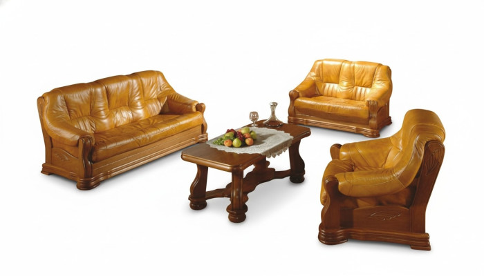 Sofa set wood leather 3+2+1 complete set classic seating upholstery sofa set
