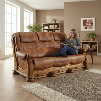 Classic leather couch sofa set complete set 3+2+2 wood frame upholstered couches