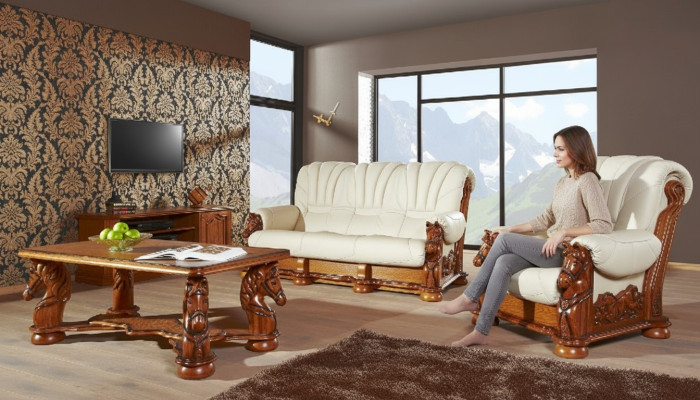 Classic Sofa Suite Couch Upholstery Seating Set Sofa Leather Wood 3+1+1 Set