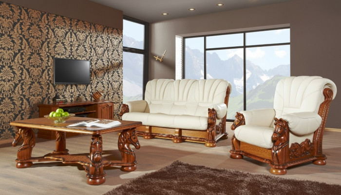 Classic Sofa Suite Couch Upholstery Seating Set Sofa Leather Wood 3+1+1 Set
