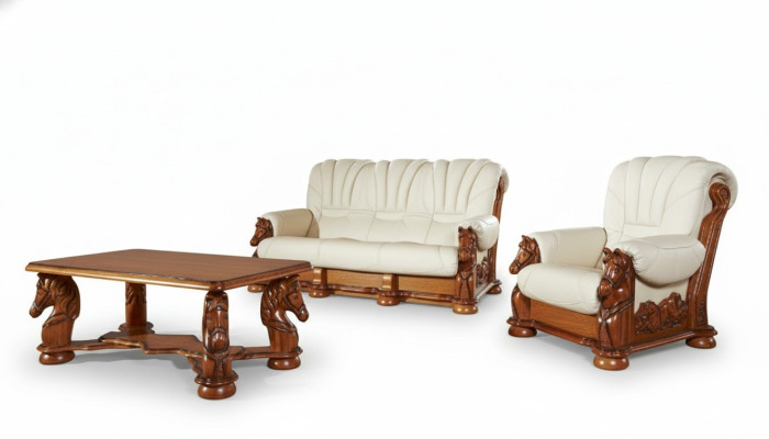 Classic Sofa Suite Couch Upholstery Seating Set Sofa Leather Wood 3+1+1 Set
