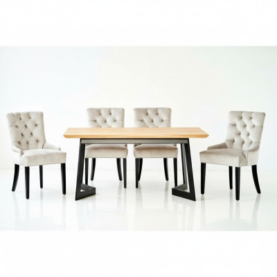 Brown wooden dining table with metal frame, designer x6 Chesterfield chairs, luxurious 7-piece set