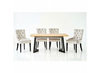 Brown wooden dining table with metal frame, designer x6 Chesterfield chairs, luxurious 7-piece set