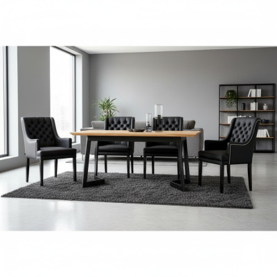 Designer dining table with 4 Chesterfield chairs seating group.