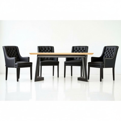 Designer dining table with 4 Chesterfield chairs seating group.