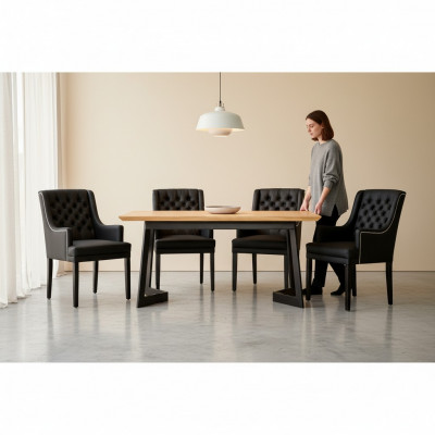 Modern oval dining table designer black Chesterfield chairs 7-piece set