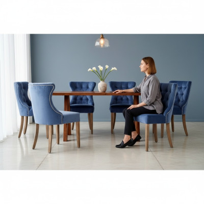 Rectangular wooden table Designer x6 Chesterfield blue chairs 7-piece dining set