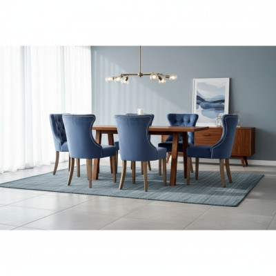 Rectangular wooden table Designer x6 Chesterfield blue chairs 7-piece dining set