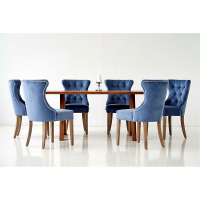 Rectangular wooden table Designer x6 Chesterfield blue chairs 7-piece dining set