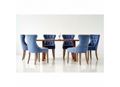 Rectangular wooden table Designer x6 Chesterfield blue chairs 7-piece dining set