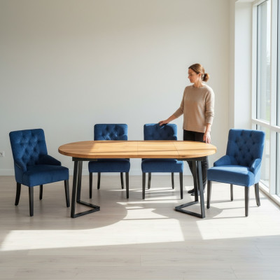 Round Wooden Dining Table Designer Blue x4 Chesterfield Dining Chairs 5-Piece Set.