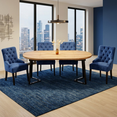 Round Wooden Dining Table Designer Blue x4 Chesterfield Dining Chairs 5-Piece Set.