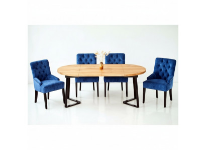 Round Wooden Dining Table Designer Blue x4 Chesterfield Dining Chairs 5-Piece Set.