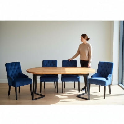 Brown-Blue Dining Room Furniture Designer Wooden Dining Table with 6x Upholstered Chesterfield Chairs