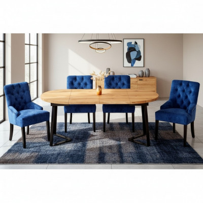 Brown-Blue Dining Room Furniture Designer Wooden Dining Table with 6x Upholstered Chesterfield Chairs