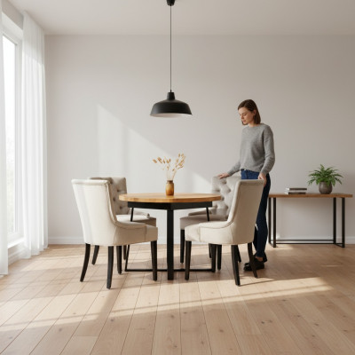Dining set: Table + 4 Chesterfield chairs, wooden seat upholstery set