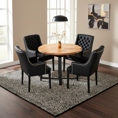 Modern dining room furniture: elegant round wooden table + 6 Chesterfield leather chairs, 7-piece set.