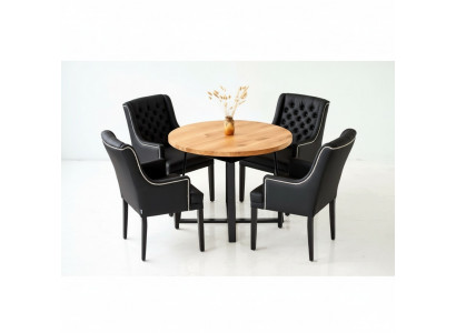Modern dining room furniture: elegant round wooden table + 6 Chesterfield leather chairs, 7-piece set.