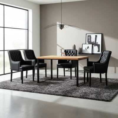 Brown Metal Frame Dining Room Table Designer x6 Chesterfield Upholstered Chairs 7-Piece Set