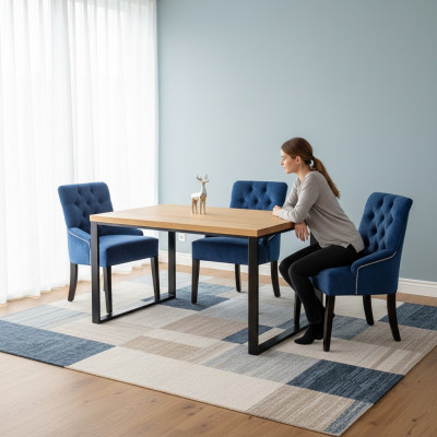 Modern dining room set designer wooden table with blue Chesterfield chairs