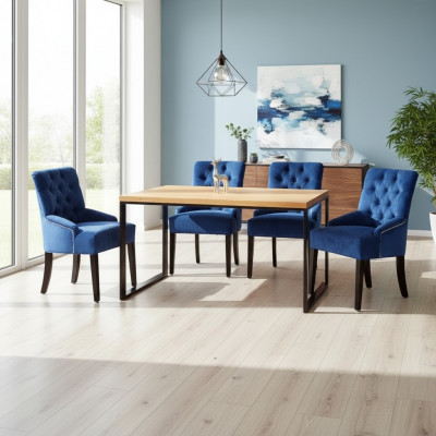 Modern dining room set designer wooden table with blue Chesterfield chairs