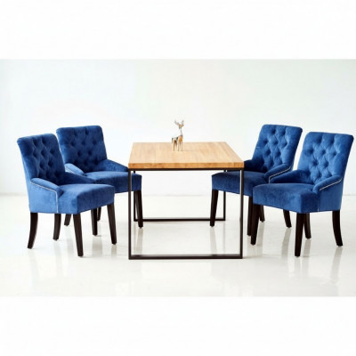 Modern dining room set designer wooden table with blue Chesterfield chairs