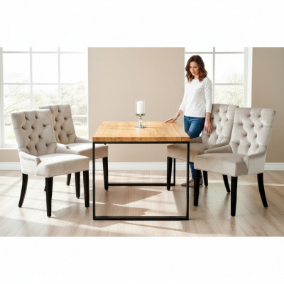 Brown Rectangular Dining Table Modern White x6 Chesterfield Chairs
