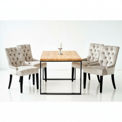 Brown Rectangular Dining Table Modern White x6 Chesterfield Chairs