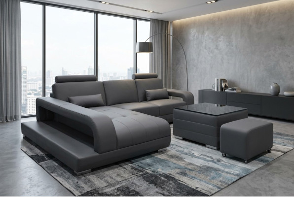 XXL leather couch, living landscape suite, modern design sofa L-shape with USB table