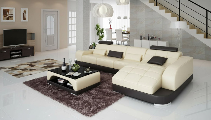 Sectional L-shaped designer sofa couch upholstery seating set leather living landscape.