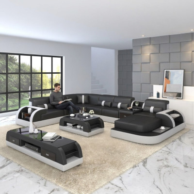 Luxury Living Room Sofa Upholstery U-Shape Corner Sofa Corner Couch XXL Big + USB