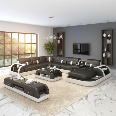 Luxury Living Room Sofa Upholstery U-Shape Corner Sofa Corner Couch XXL Big + USB